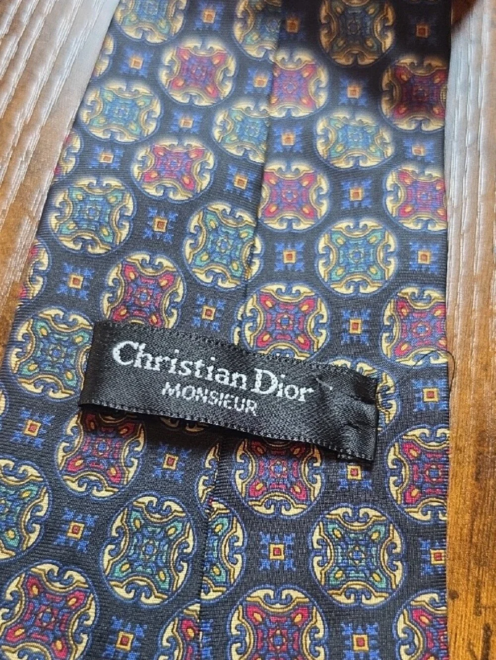 CHRISTIAN DIOR MONSIEUR | Silk Designer Necktie Blue Medallion Geometric | 57